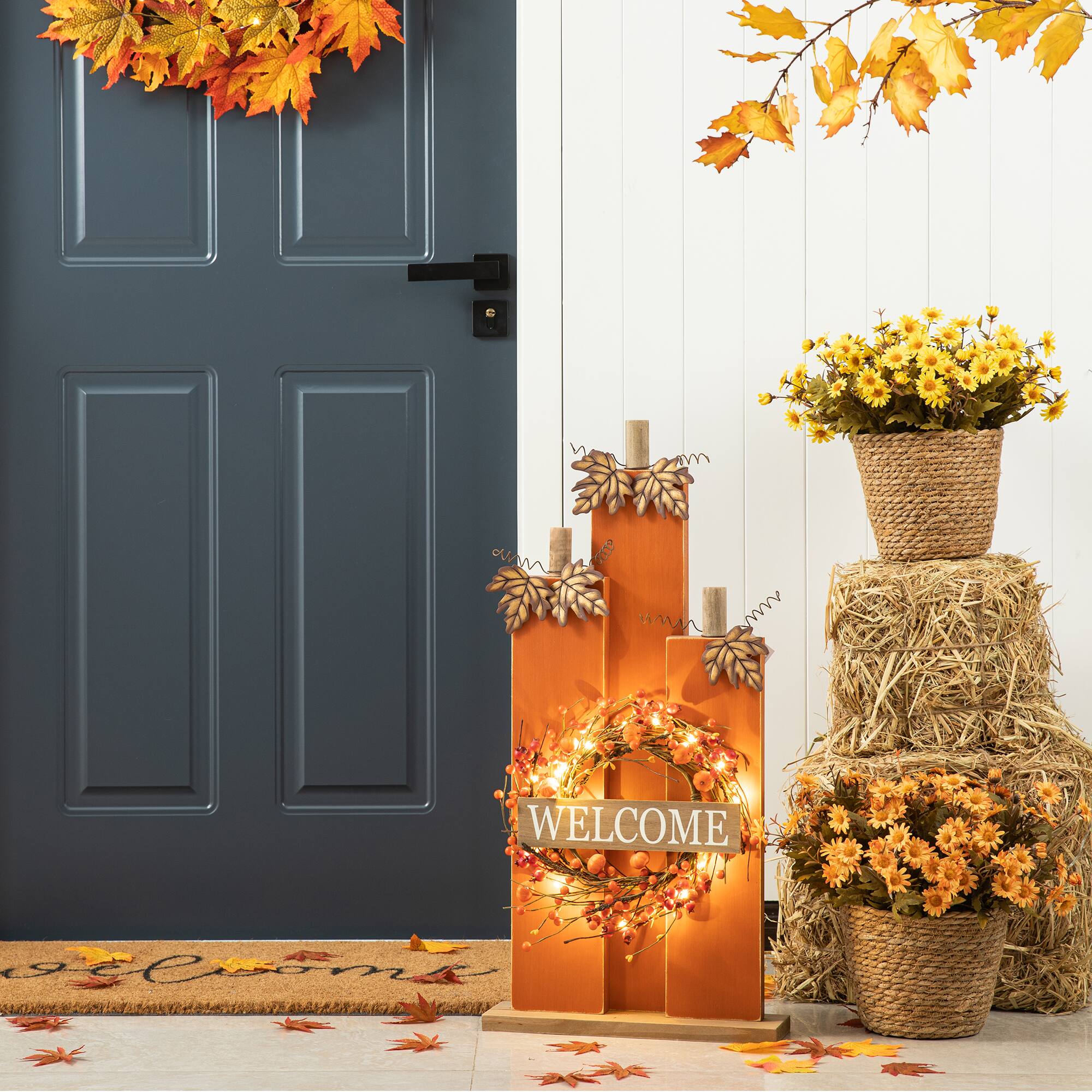 Glitzhome® 30" Fall Lighted Pumpkin & Wreath Décor